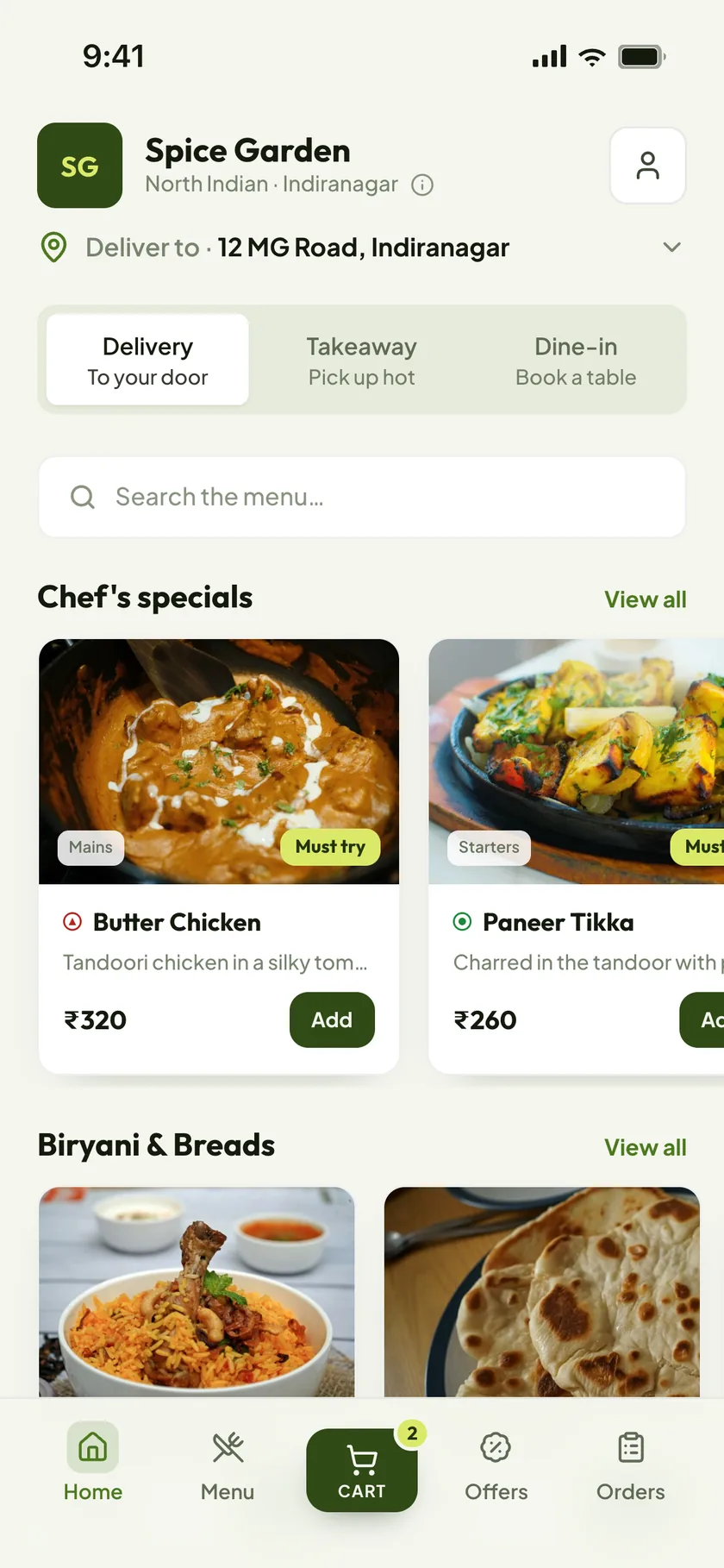 A restaurant's menu on its Menuthere storefront: Chef's specials, biryani and breads, with prices